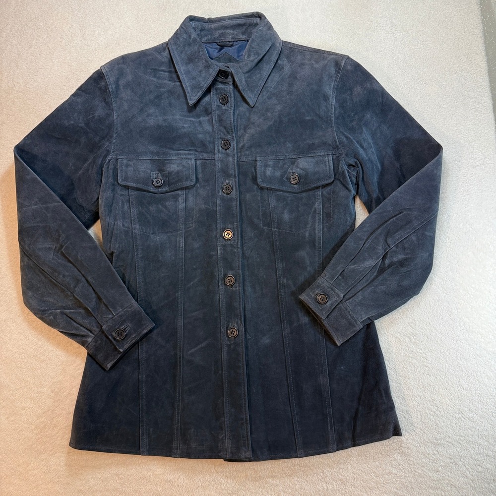Jessi Lee Womens Small Navy Blue Genuine Leather Suede Button Up Shirt Jacket